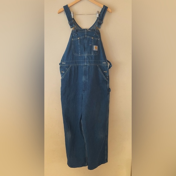 VINTAGE | Carhartt | Men's Loose Fit Washed Cotton Denim Bib Overalls - Picture 13 of 15